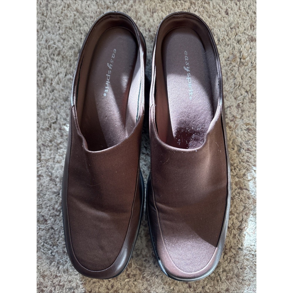 Easy Spirit Brown Leather Textile Slip On Clogs Mules Women's 8.5 Narrow